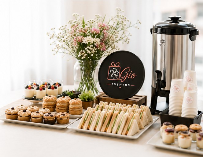 Mesa de coffee break con sándwiches, pasteles, postres individuales y termo de café